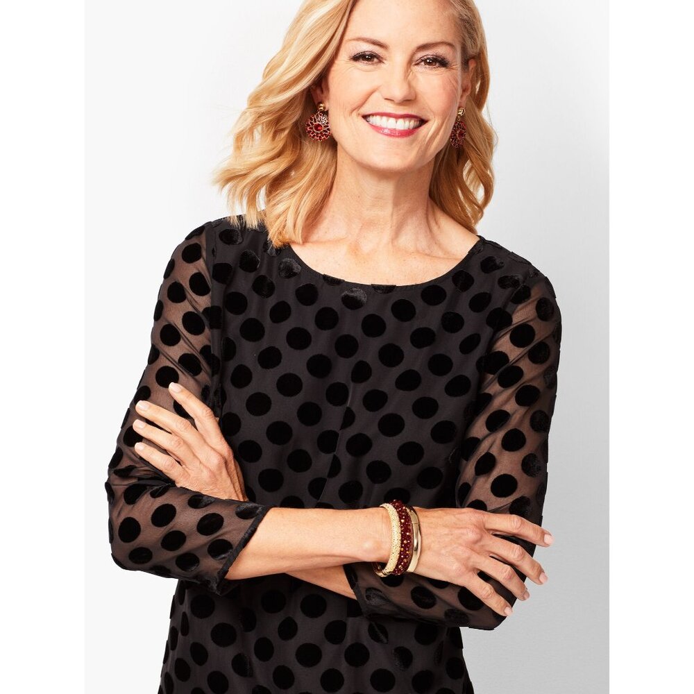 RSVP by Talbots Black Velvet Burnout Dot‎ Top Size S Polka Blouse Shirt Dressy